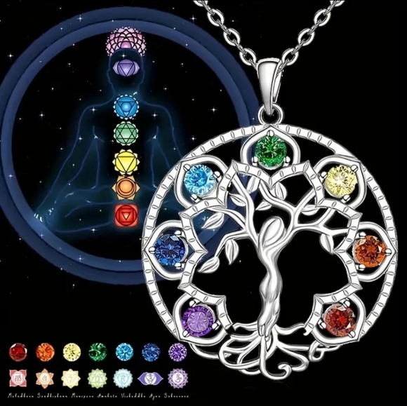 Silver Tree of Life 7 Chakra Rainbow Pendant Necklace, New In Packaging - Picture 4 of 5
